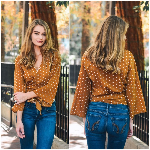 Polkadot Kimono Wrap Top-Camel - Picture 2 of 4